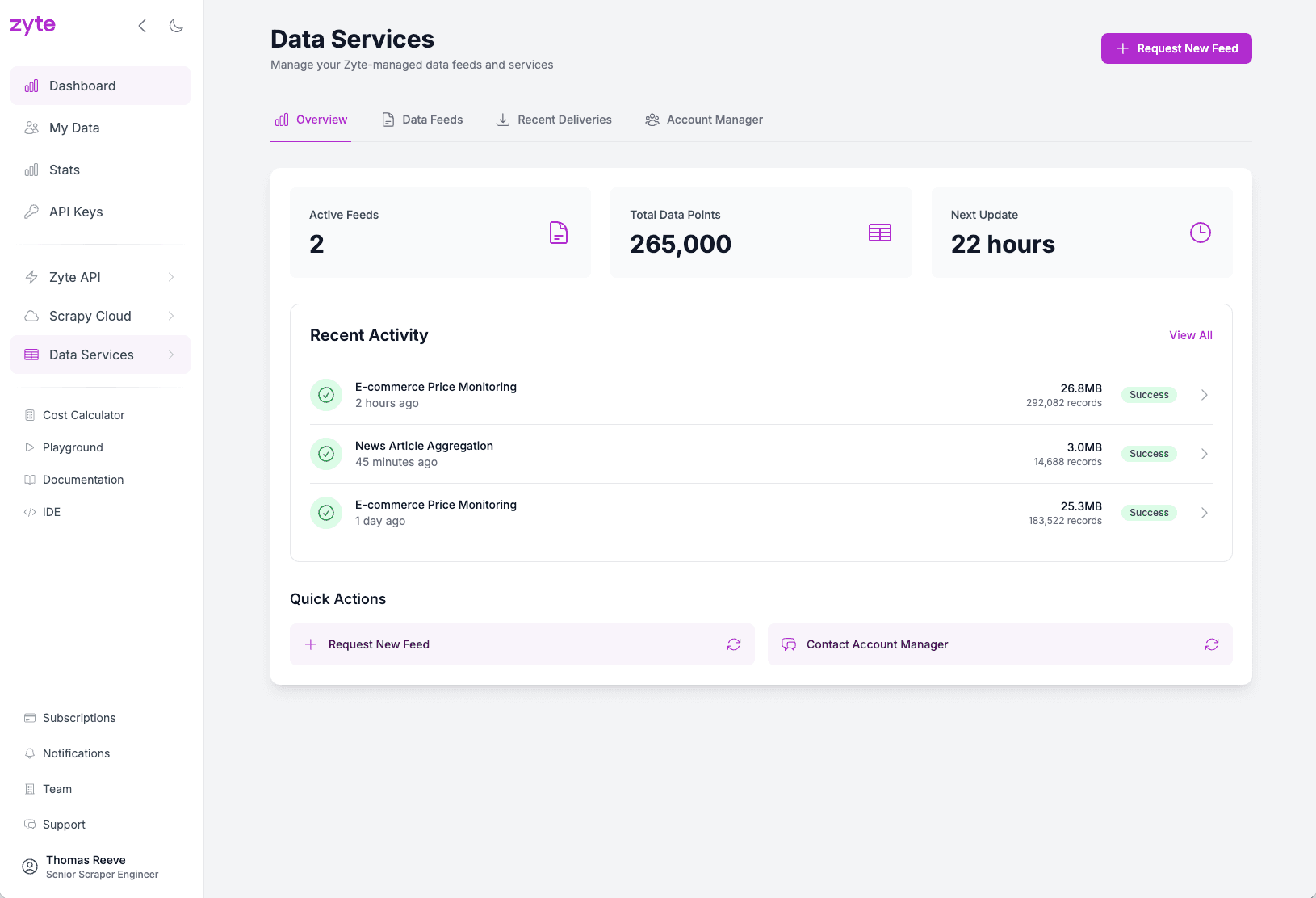 The Data Services dashboard, showing active feeds and recent activity