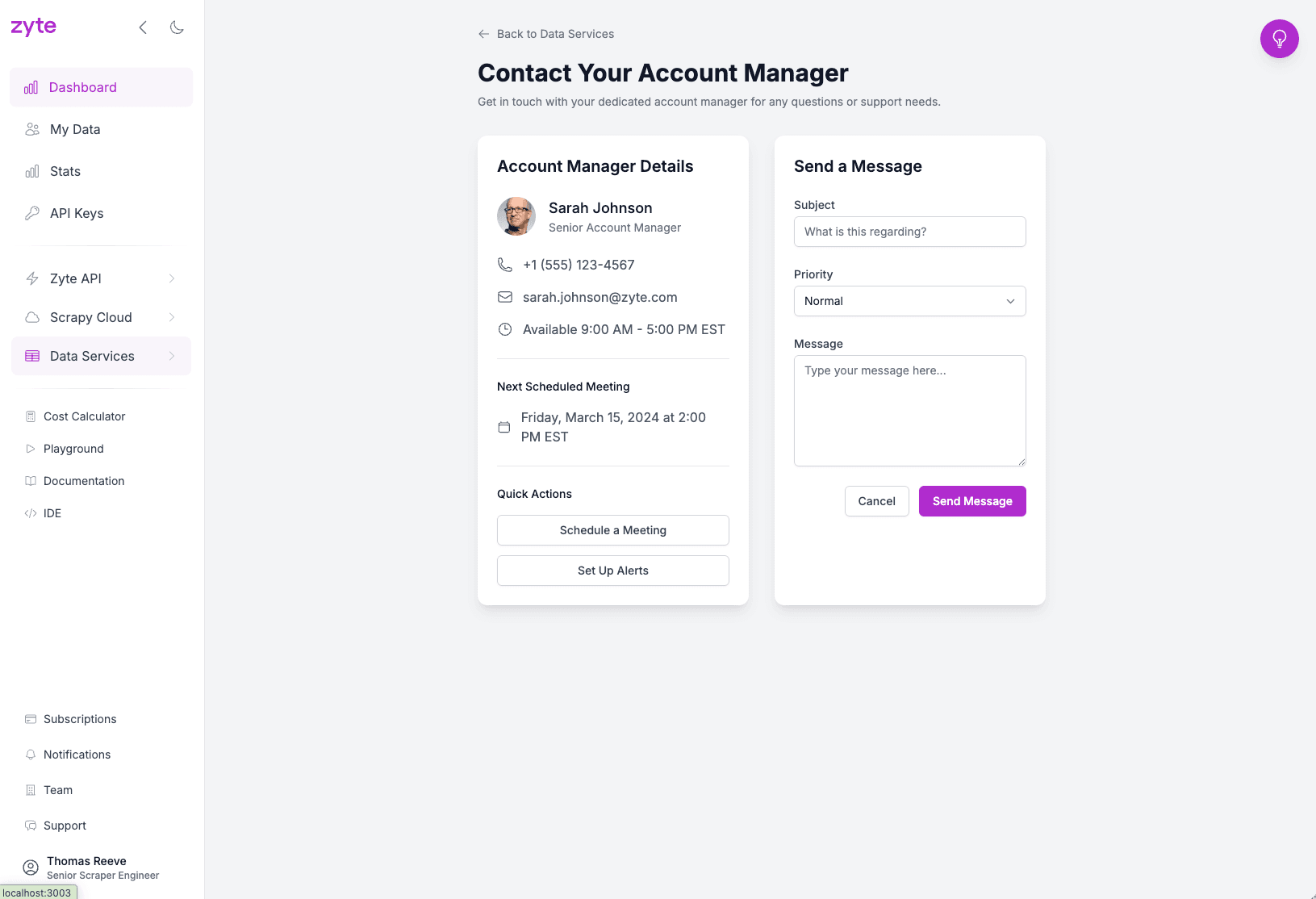 Contacting the account manager from inside the app